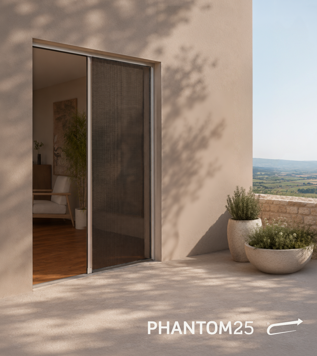 Phantom25, zanzariera laterale di design MV Line installata su una porta-finestra in un'abitazione contemporanea.